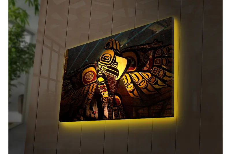 Canvas-taulu LED-valaistuksella 45x70 cm - Abstrakti lintu symbolisilla kuvioilla, Musta / Kulta / Punainen