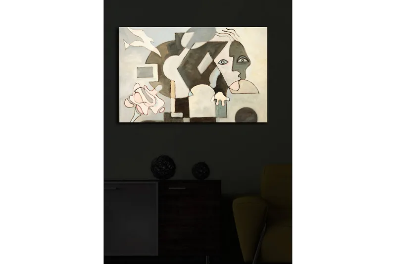 Canvas-taulu LED-valaistuksella 45x70 cm - Abstrakti sommitelma kasvoaiheilla ja geometrisilla muodoilla - Harmaa / Beige / Musta - Sisustustuotteet - Taulu & taide - Canvas-taulu
