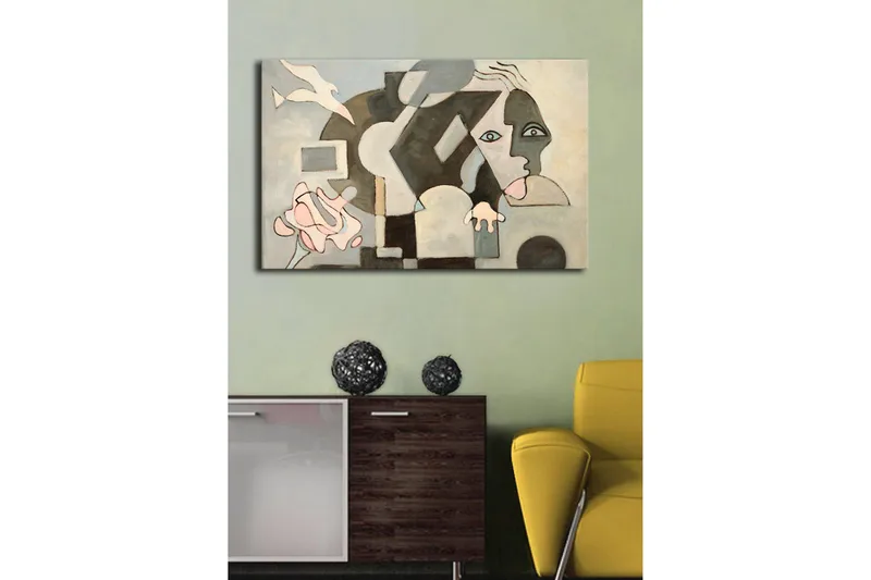 Canvas-taulu LED-valaistuksella 45x70 cm - Abstrakti sommitelma kasvoaiheilla ja geometrisilla muodoilla - Harmaa / Beige / Musta - Sisustustuotteet - Taulu & taide - Canvas-taulu