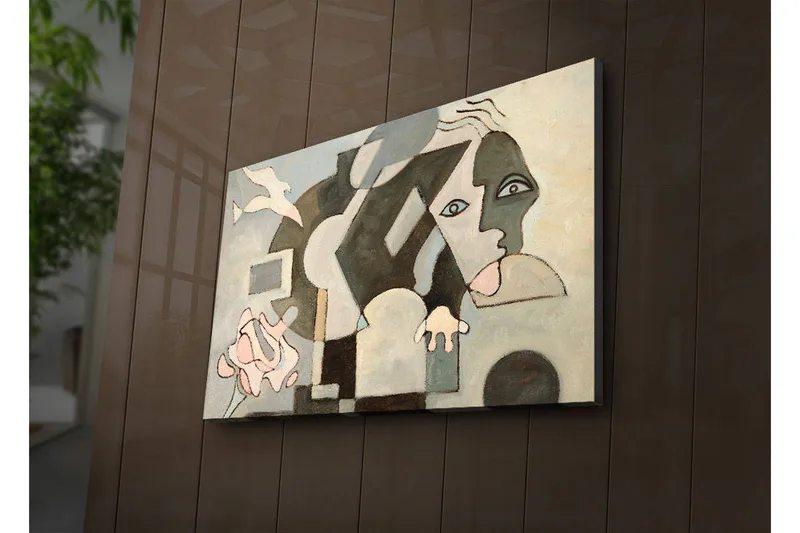 Canvas-taulu LED-valaistuksella 45x70 cm - Abstrakti sommitelma kasvoaiheilla ja geometrisilla muodoilla, Harmaa / Beige / Musta