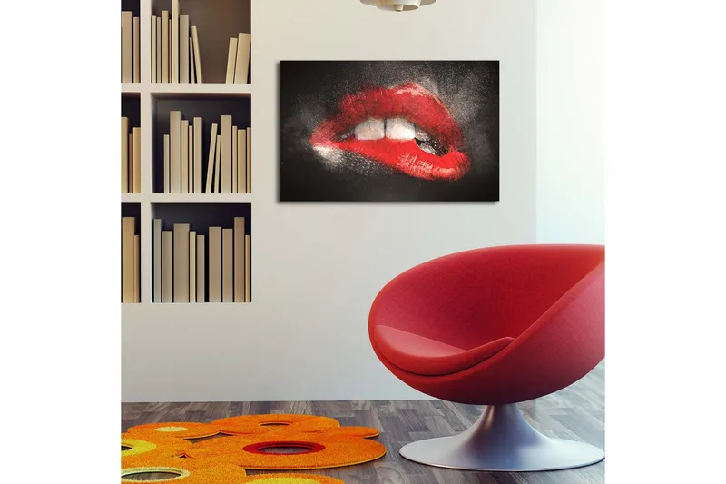 Canvas-taulu LED-valaistuksella 45x70 cm - Aistilliset punaiset huulet dramaattisella kontrastilla tummaa taustaa vasten - Punainen / Musta - Sisustustuotteet - Taulu & taide - Canvas-taulu