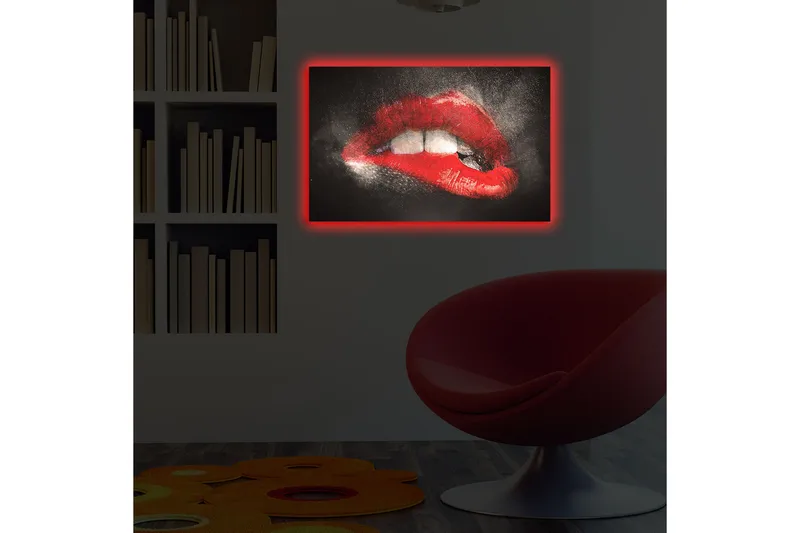 Canvas-taulu LED-valaistuksella 45x70 cm - Aistilliset punaiset huulet dramaattisella kontrastilla tummaa taustaa vasten - Punainen / Musta - Sisustustuotteet - Taulu & taide - Canvas-taulu