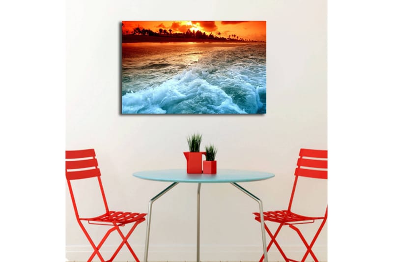 Canvas-taulu LED-valaistuksella 45x70 cm - Auringonlasku meren yllä aaltojen vaahtoaessa rannalla - Oranssi / Sininen / Valkoinen - Sisustustuotteet - Taulu & taide - Canvas-taulu