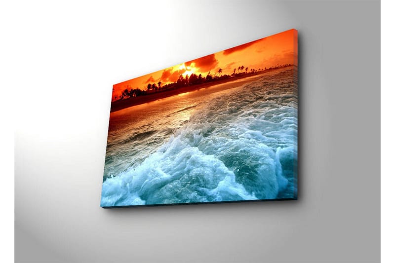 Canvas-taulu LED-valaistuksella 45x70 cm - Auringonlasku meren yllä aaltojen vaahtoaessa rannalla - Oranssi / Sininen / Valkoinen - Sisustustuotteet - Taulu & taide - Canvas-taulu