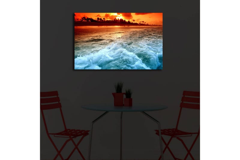 Canvas-taulu LED-valaistuksella 45x70 cm - Auringonlasku meren yllä aaltojen vaahtoaessa rannalla - Oranssi / Sininen / Valkoinen - Sisustustuotteet - Taulu & taide - Canvas-taulu