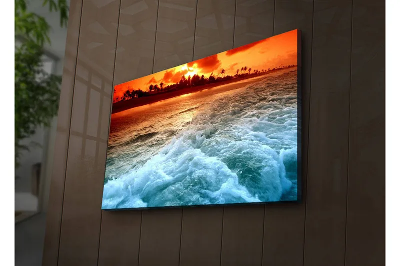 Canvas-taulu LED-valaistuksella 45x70 cm - Auringonlasku meren yllä aaltojen vaahtoaessa rannalla - Oranssi / Sininen / Valkoinen - Sisustustuotteet - Taulu & taide - Canvas-taulu