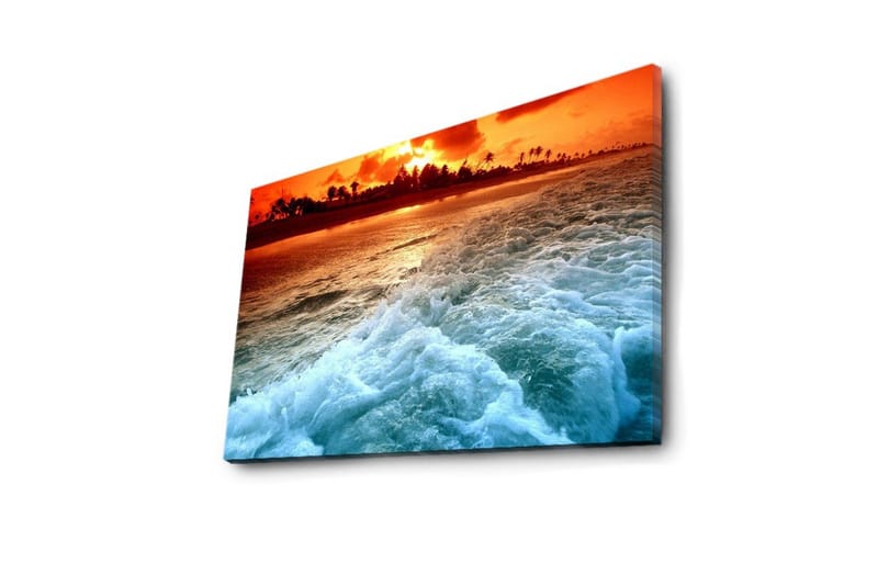 Canvas-taulu LED-valaistuksella 45x70 cm - Auringonlasku meren yllä aaltojen vaahtoaessa rannalla - Oranssi / Sininen / Valkoinen - Sisustustuotteet - Taulu & taide - Canvas-taulu