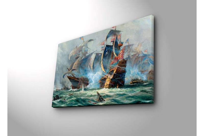 Canvas-taulu LED-valaistuksella 45x70 cm - Dramaattinen meritaistelu purjelaivojen kanssa toiminnassa - Sininen / Vihreä / Punainen - Sisustustuotteet - Taulu & taide - Canvas-taulu