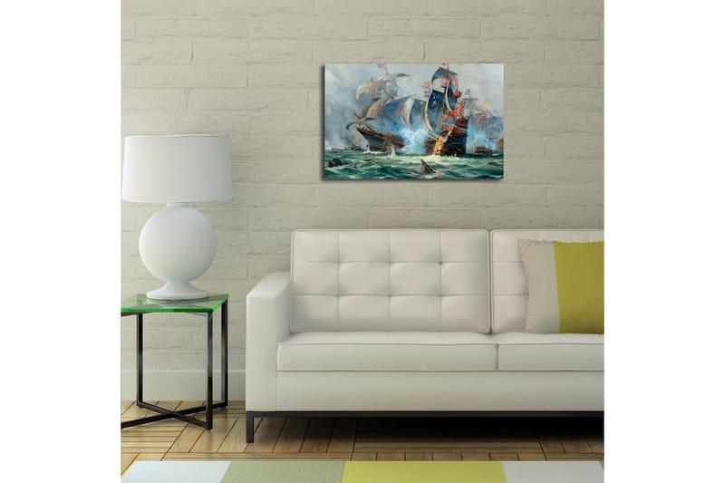 Canvas-taulu LED-valaistuksella 45x70 cm - Dramaattinen meritaistelu purjelaivojen kanssa toiminnassa - Sininen / Vihreä / Punainen - Sisustustuotteet - Taulu & taide - Canvas-taulu