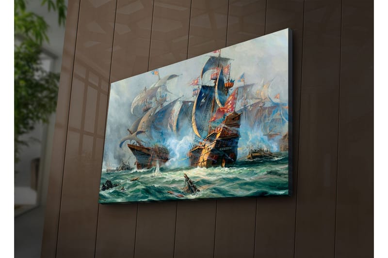 Canvas-taulu LED-valaistuksella 45x70 cm - Dramaattinen meritaistelu purjelaivojen kanssa toiminnassa - Sininen / Vihreä / Punainen - Sisustustuotteet - Taulu & taide - Canvas-taulu