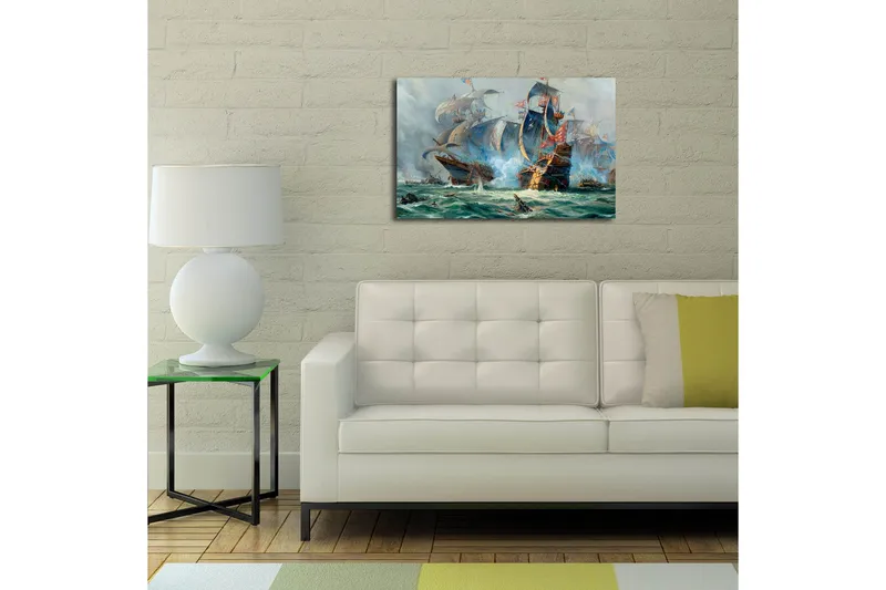 Canvas-taulu LED-valaistuksella 45x70 cm - Dramaattinen meritaistelu purjelaivojen kanssa toiminnassa - Sininen / Vihreä / Punainen - Sisustustuotteet - Taulu & taide - Canvas-taulu