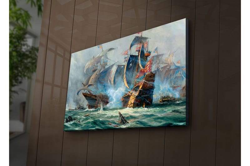 Canvas-taulu LED-valaistuksella 45x70 cm - Dramaattinen meritaistelu purjelaivojen kanssa toiminnassa - Sininen / Vihreä / Punainen - Sisustustuotteet - Taulu & taide - Canvas-taulu