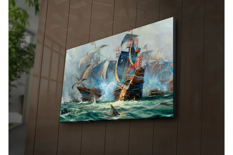 Canvas-taulu LED-valaistuksella 45x70 cm - Dramaattinen meritaistelu purjelaivojen kanssa toiminnassa - Sininen / Vihreä / Punainen - Sisustustuotteet - Taulu & taide - Canvas-taulu