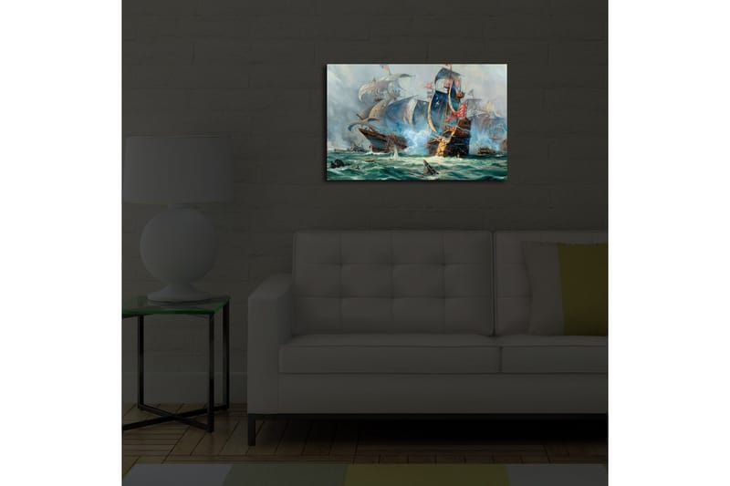 Canvas-taulu LED-valaistuksella 45x70 cm - Dramaattinen meritaistelu purjelaivojen kanssa toiminnassa - Sininen / Vihreä / Punainen - Sisustustuotteet - Taulu & taide - Canvas-taulu