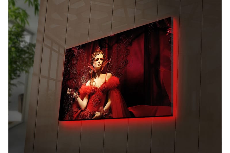 Canvas-taulu LED-valaistuksella 45x70 cm - Dramaattinen muotokuva naisesta punaisessa mekossa, jossa on höyheniä ja kimaltelevia yksityiskohtia - Punainen / Musta - Sisustustuotteet - Taulu & taide - Canvas-taulu
