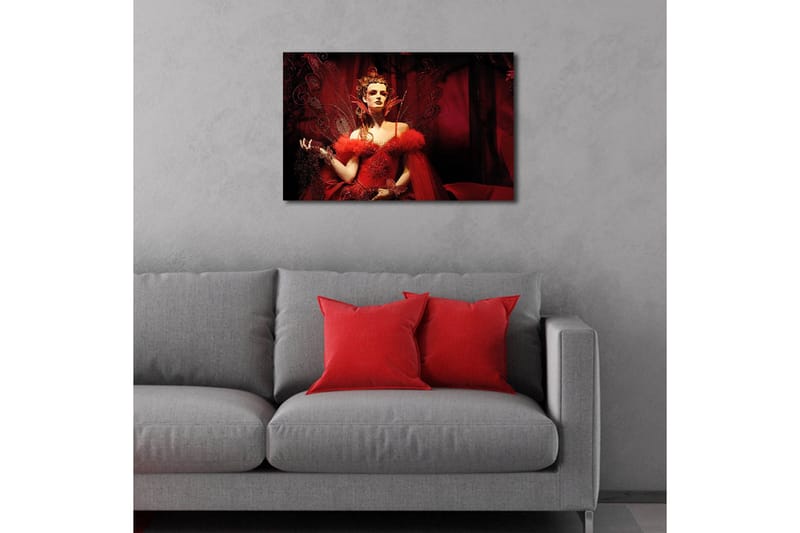Canvas-taulu LED-valaistuksella 45x70 cm - Dramaattinen muotokuva naisesta punaisessa mekossa, jossa on höyheniä ja kimaltelevia yksityiskohtia - Punainen / Musta - Sisustustuotteet - Taulu & taide - Canvas-taulu