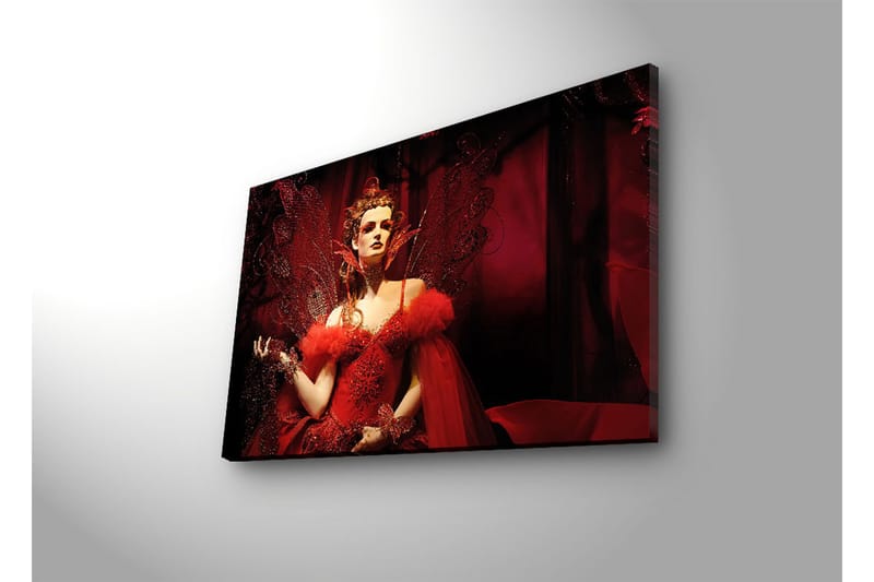 Canvas-taulu LED-valaistuksella 45x70 cm - Dramaattinen muotokuva naisesta punaisessa mekossa, jossa on höyheniä ja kimaltelevia yksityiskohtia - Punainen / Musta - Sisustustuotteet - Taulu & taide - Canvas-taulu