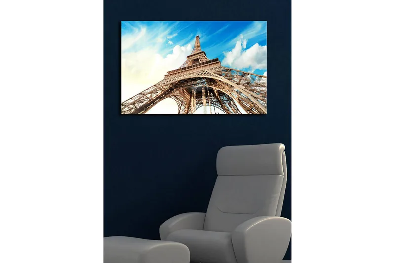 Canvas-taulu LED-valaistuksella 45x70 cm - Eiffel-torni dramaattisesta kulmasta nähtynä - Sininen / Beige / Valkoinen - Sisustustuotteet - Taulu & taide - Canvas-taulu