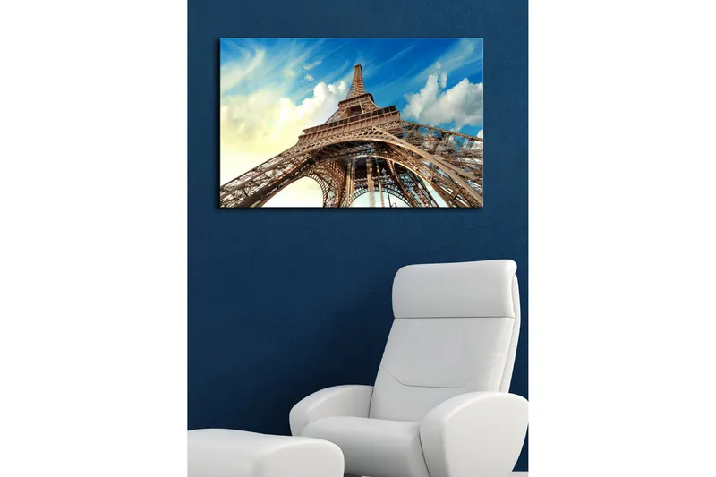 Canvas-taulu LED-valaistuksella 45x70 cm - Eiffel-torni dramaattisesta kulmasta nähtynä - Sininen / Beige / Valkoinen - Sisustustuotteet - Taulu & taide - Canvas-taulu