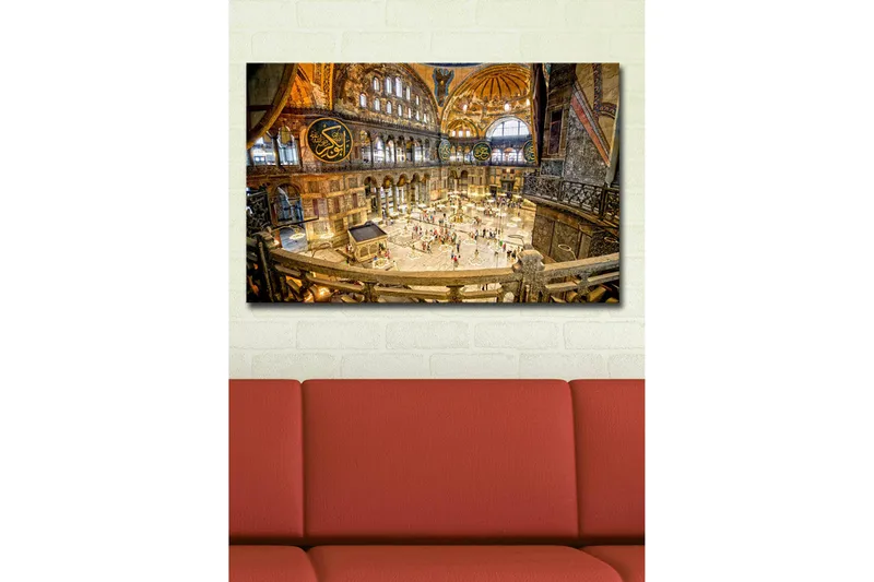 Canvas-taulu LED-valaistuksella 45x70 cm - Historiallisen rakennuksen upea sisätila yksityiskohtaisine arkkitehtuurineen ja liikkuvine ihmisineen - Kulta / Ruskea / Sininen - Sisustustuotteet - Taulu & taide - Canvas-taulu