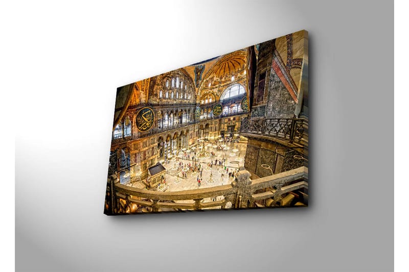 Canvas-taulu LED-valaistuksella 45x70 cm - Historiallisen rakennuksen upea sisätila yksityiskohtaisine arkkitehtuurineen ja liikkuvine ihmisineen - Kulta / Ruskea / Sininen - Sisustustuotteet - Taulu & taide - Canvas-taulu