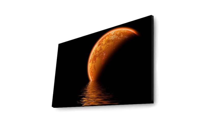 Canvas-taulu LED-valaistuksella 45x70 cm - Hohtava planeetta heijastuu tummasta veden pinnasta - Oranssi / Musta - Sisustustuotteet - Taulu & taide - Canvas-taulu