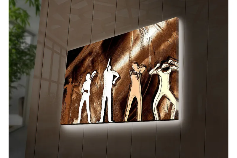 Canvas-taulu LED-valaistuksella 45x70 cm - Ihmisten siluetit eri asennoissa ruskeaa taustaa vasten, Ruskea / Valkoinen / Beige