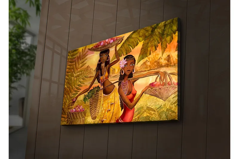 Canvas-taulu LED-valaistuksella 45x70 cm - Kaksi naista kantamassa hedelmiä trooppisessa ympäristössä, Kulta / Vihreä / Punainen
