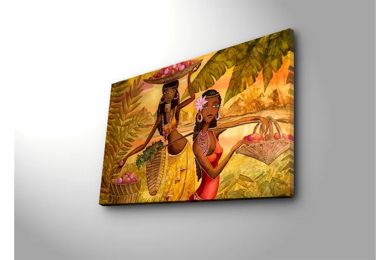 Canvas-taulu LED-valaistuksella 45x70 cm - Kaksi naista kantamassa hedelmiä trooppisessa ympäristössä - Kulta / Vihreä / Punainen - Sisustustuotteet - Taulu & taide - Canvas-taulu