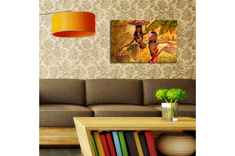 Canvas-taulu LED-valaistuksella 45x70 cm - Kaksi naista kantamassa hedelmiä trooppisessa ympäristössä - Kulta / Vihreä / Punainen - Sisustustuotteet - Taulu & taide - Canvas-taulu