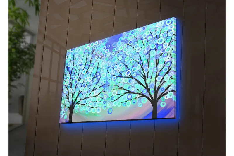 Canvas-taulu LED-valaistuksella 45x70 cm - Kaksi tyyliteltyä puuta, joiden värikkäät ympyrät kukkivat unenomaisessa taustalla, Sininen / Vihreä / Musta