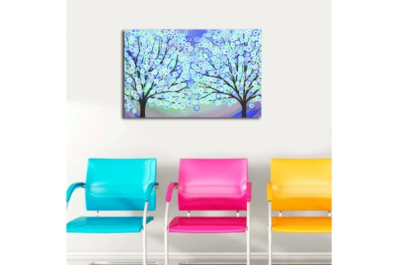 Canvas-taulu LED-valaistuksella 45x70 cm - Kaksi tyyliteltyä puuta, joiden värikkäät ympyrät kukkivat unenomaisessa taustalla - Sininen / Vihreä / Musta - Sisustustuotteet - Taulu & taide - Canvas-taulu