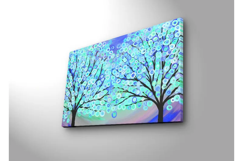 Canvas-taulu LED-valaistuksella 45x70 cm - Kaksi tyyliteltyä puuta, joiden värikkäät ympyrät kukkivat unenomaisessa taustalla - Sininen / Vihreä / Musta - Sisustustuotteet - Taulu & taide - Canvas-taulu