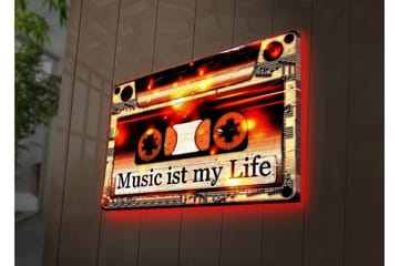 Canvas-taulu LED-valaistuksella 45x70 cm - Kasettinauha tekstillä Music ist my Life - Musta / Oranssi / Valkoinen - Sisustustuotteet - Taulu & taide - Canvas-taulu