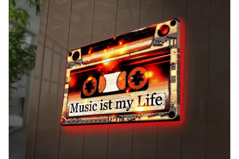 Canvas-taulu LED-valaistuksella 45x70 cm - Kasettinauha tekstillä Music ist my Life, Musta / Oranssi / Valkoinen