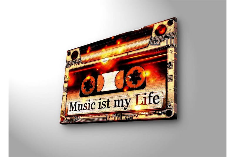 Canvas-taulu LED-valaistuksella 45x70 cm - Kasettinauha tekstillä Music ist my Life - Musta / Oranssi / Valkoinen - Sisustustuotteet - Taulu & taide - Canvas-taulu