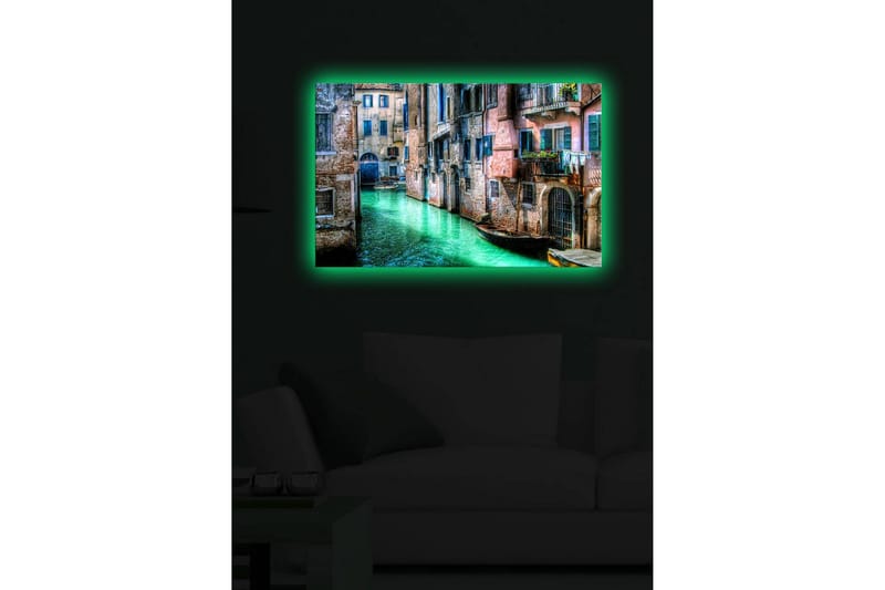 Canvas-taulu LED-valaistuksella 45x70 cm - Kaunis kanava historiallisine rakennuksineen ja veneineen viehättävässä ympäristössä - Vihreä / Vaaleanpunainen / Sininen - Sisustustuotteet - Taulu & taide - Canvas-taulu