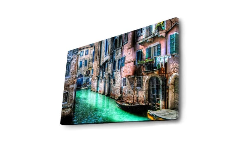 Canvas-taulu LED-valaistuksella 45x70 cm - Kaunis kanava historiallisine rakennuksineen ja veneineen viehättävässä ympäristössä - Vihreä / Vaaleanpunainen / Sininen - Sisustustuotteet - Taulu & taide - Canvas-taulu
