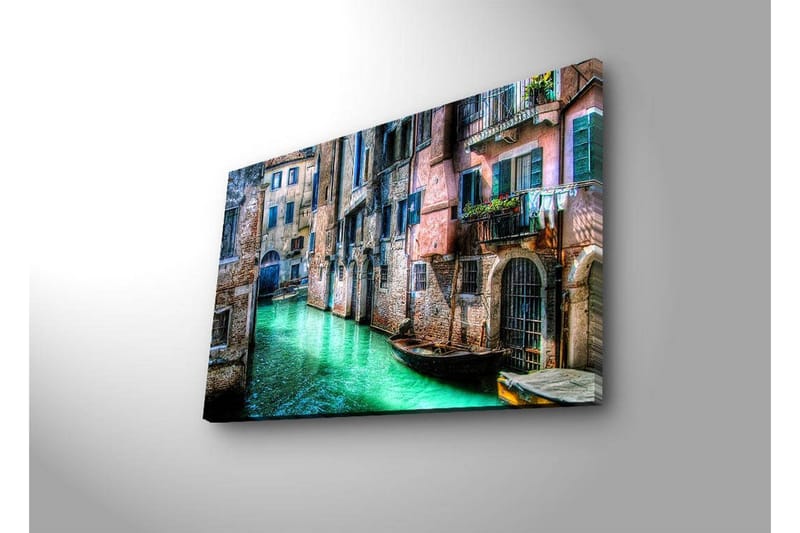 Canvas-taulu LED-valaistuksella 45x70 cm - Kaunis kanava historiallisine rakennuksineen ja veneineen viehättävässä ympäristössä - Vihreä / Vaaleanpunainen / Sininen - Sisustustuotteet - Taulu & taide - Canvas-taulu