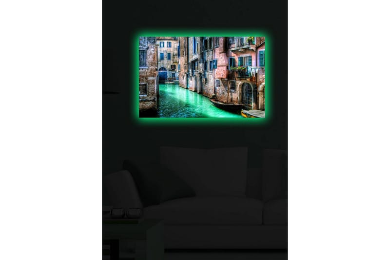 Canvas-taulu LED-valaistuksella 45x70 cm - Kaunis kanava historiallisine rakennuksineen ja veneineen viehättävässä ympäristössä - Vihreä / Vaaleanpunainen / Sininen - Sisustustuotteet - Taulu & taide - Canvas-taulu