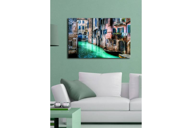 Canvas-taulu LED-valaistuksella 45x70 cm - Kaunis kanava historiallisine rakennuksineen ja veneineen viehättävässä ympäristössä - Vihreä / Vaaleanpunainen / Sininen - Sisustustuotteet - Taulu & taide - Canvas-taulu