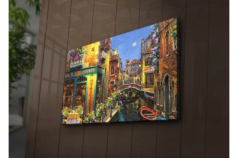 Canvas-taulu LED-valaistuksella 45x70 cm - Kaunis kanava värikkäine taloineen ja kukilla koristeltuine parvekkeineen - Keltainen / Vihreä / Sininen - Sisustustuotteet - Taulu & taide - Canvas-taulu