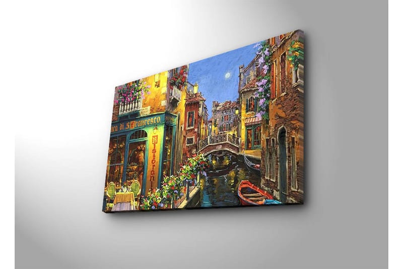 Canvas-taulu LED-valaistuksella 45x70 cm - Kaunis kanava värikkäine taloineen ja kukilla koristeltuine parvekkeineen - Keltainen / Vihreä / Sininen - Sisustustuotteet - Taulu & taide - Canvas-taulu