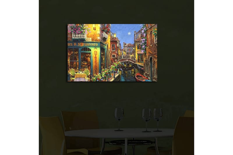 Canvas-taulu LED-valaistuksella 45x70 cm - Kaunis kanava värikkäine taloineen ja kukilla koristeltuine parvekkeineen - Keltainen / Vihreä / Sininen - Sisustustuotteet - Taulu & taide - Canvas-taulu