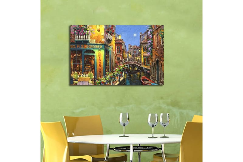 Canvas-taulu LED-valaistuksella 45x70 cm - Kaunis kanava värikkäine taloineen ja kukilla koristeltuine parvekkeineen - Keltainen / Vihreä / Sininen - Sisustustuotteet - Taulu & taide - Canvas-taulu