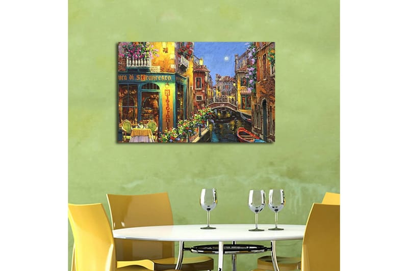 Canvas-taulu LED-valaistuksella 45x70 cm - Kaunis kanava värikkäine taloineen ja kukilla koristeltuine parvekkeineen - Keltainen / Vihreä / Sininen - Sisustustuotteet - Taulu & taide - Canvas-taulu