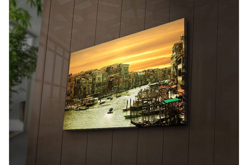Canvas-taulu LED-valaistuksella 45x70 cm - Kaunis näkymä kanavalle Venetsiassa auringonlaskun aikaan, Kulta / Vihreä / Ruskea