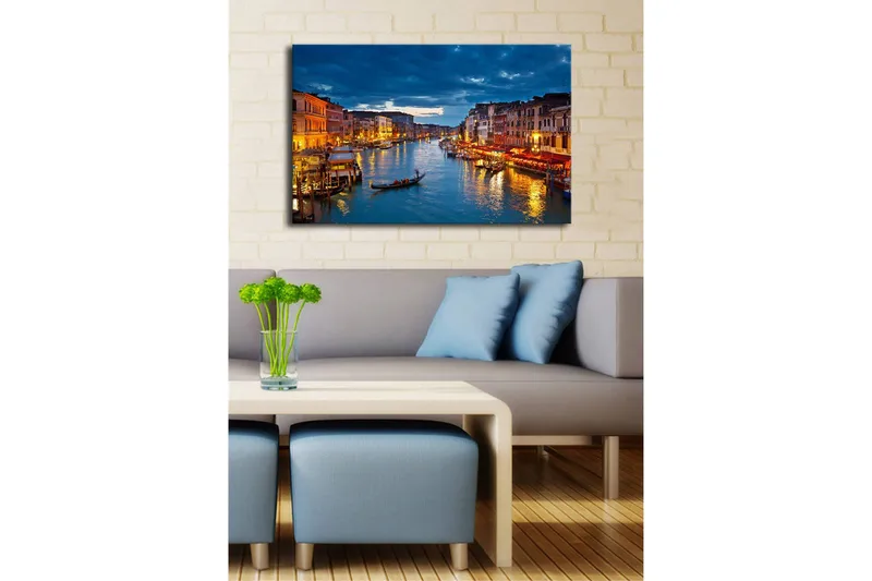 Canvas-taulu LED-valaistuksella 45x70 cm - Kaunis näkymä Venetsian kanavalle valaistujen rakennusten kanssa veden äärellä - Sininen / Oranssi / Vihreä - Sisustustuotteet - Taulu & taide - Canvas-taulu