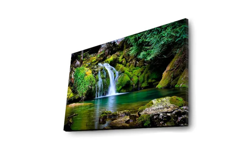 Canvas-taulu LED-valaistuksella 45x70 cm - Kaunis vesiputous rehevän vehreyden ja kalliomuodostelmien ympäröimänä - Vihreä / Sininen / Ruskea - Sisustustuotteet - Taulu & taide - Canvas-taulu