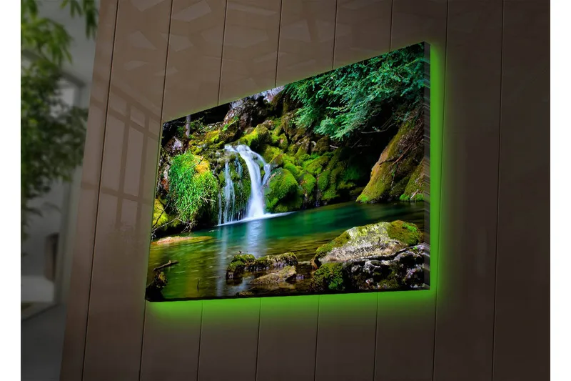 Canvas-taulu LED-valaistuksella 45x70 cm - Kaunis vesiputous rehevän vehreyden ja kalliomuodostelmien ympäröimänä - Vihreä / Sininen / Ruskea - Sisustustuotteet - Taulu & taide - Canvas-taulu